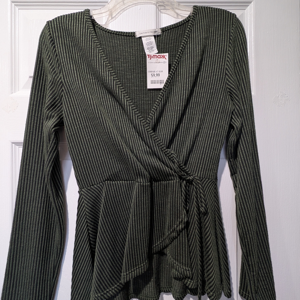 Womens Green Striped Wrap Top Long Sleeve